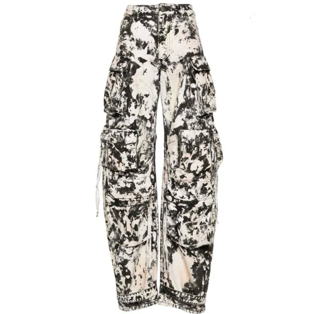 The Attico Fern black cream white abstract camo print wide leg cargo jean pants